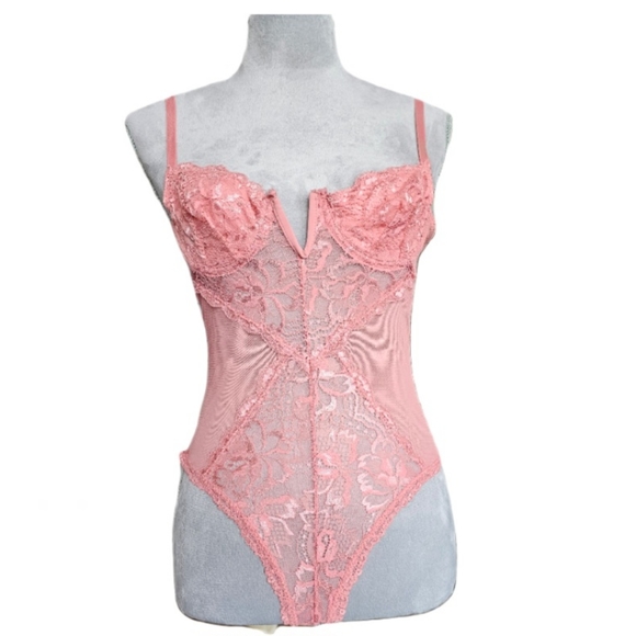 PINK LACE TEDDY BODYSUIT UNDERWIRE BRA SMALL - Picture 1 of 3